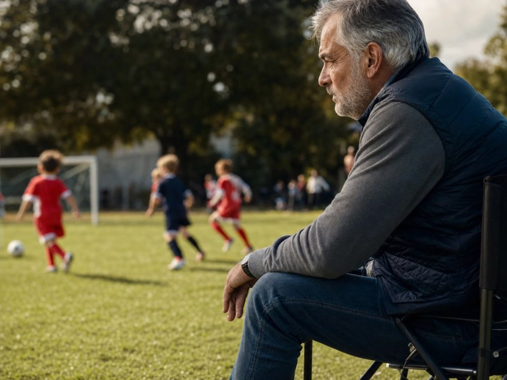 A grandfather watching grandkids play football from the bench
