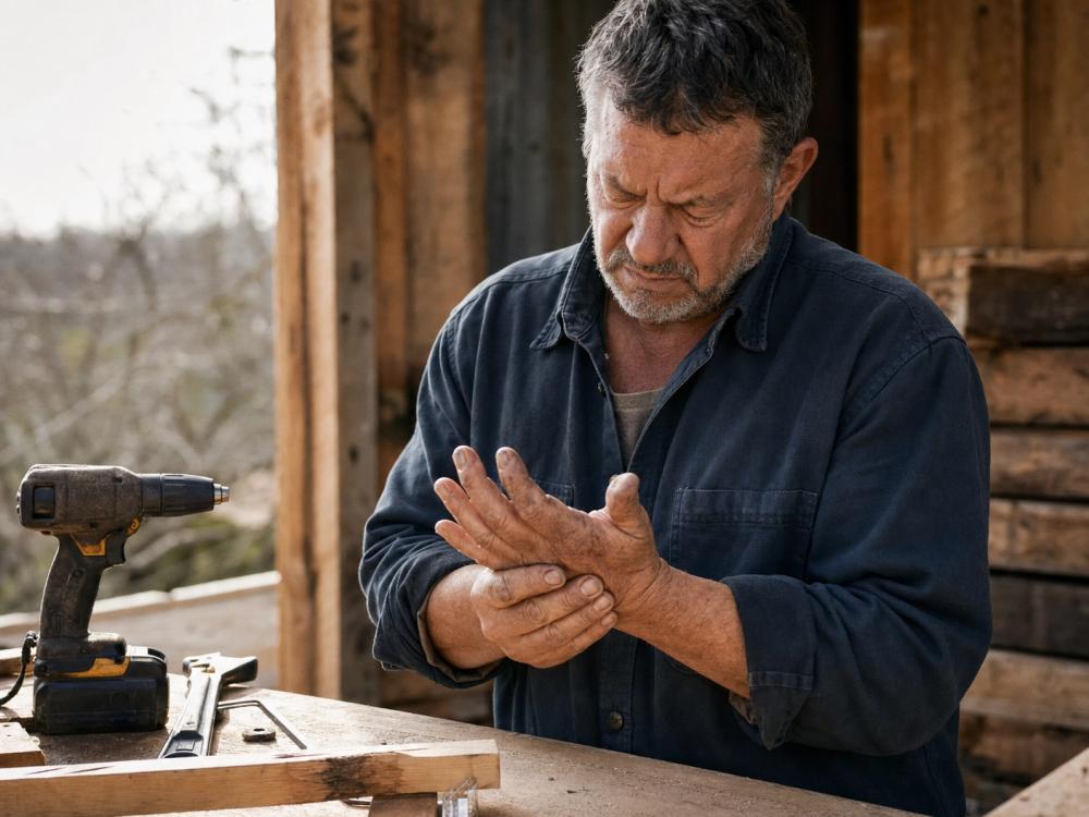 Calloused hands gripping a heavy hammer with morning stiffness